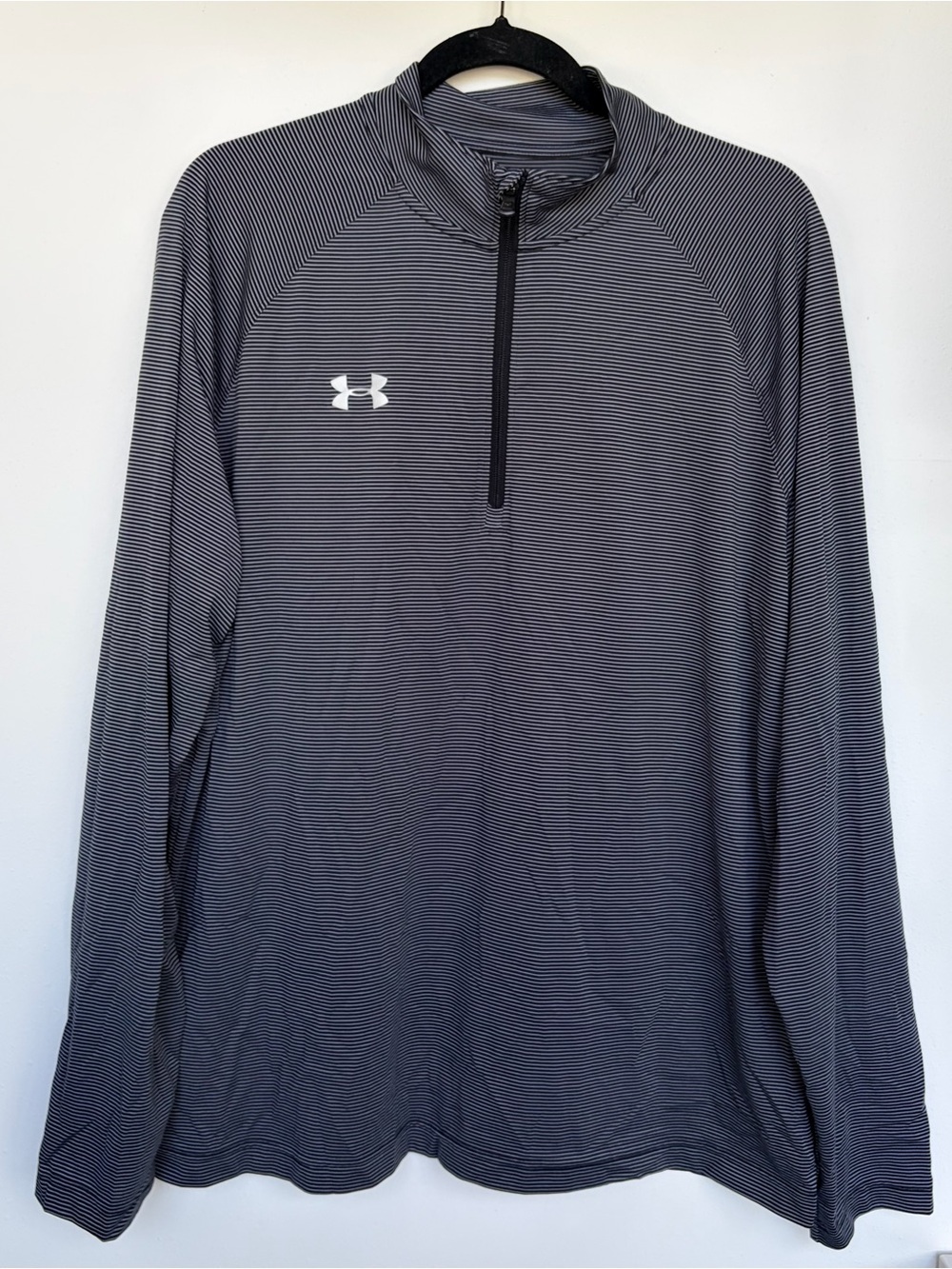 Under Armour Shirt Men’s Blue Gray Striped Long Sleeve Mock Neck ¼ Zip XL Loose